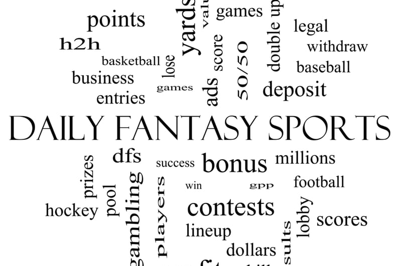 Daily Fantasy Sports Word Cloud Concept in black and white with terms such as games, lineups, win, money and more.