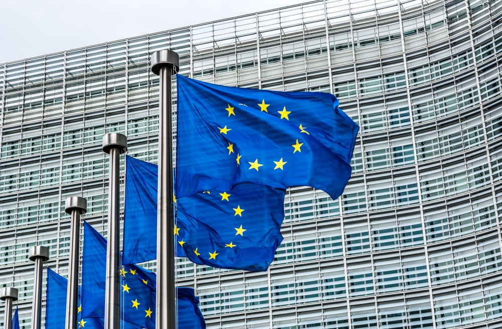 EU flags outside European Commission headquarters in Brussels