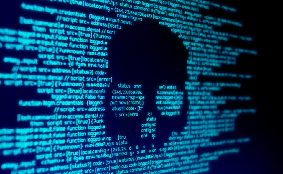 code behind skull silhouette on computer screen