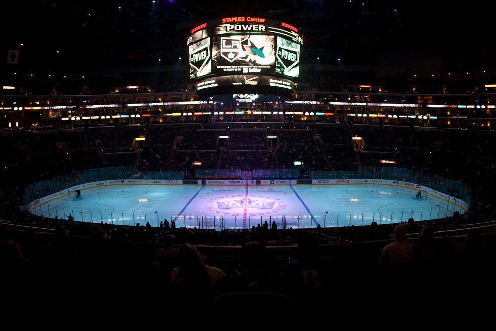 illuminated Staples Center stadium in Los Angeles