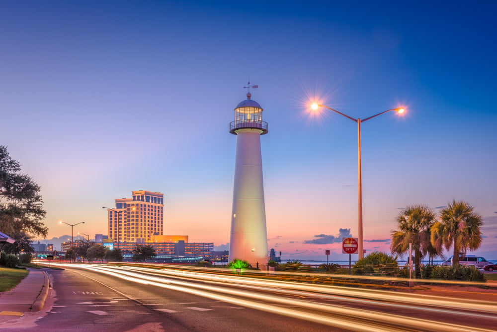 dusk shot of the Beau Rivage Casino and Lighthouse in Biloxi, Mississippi