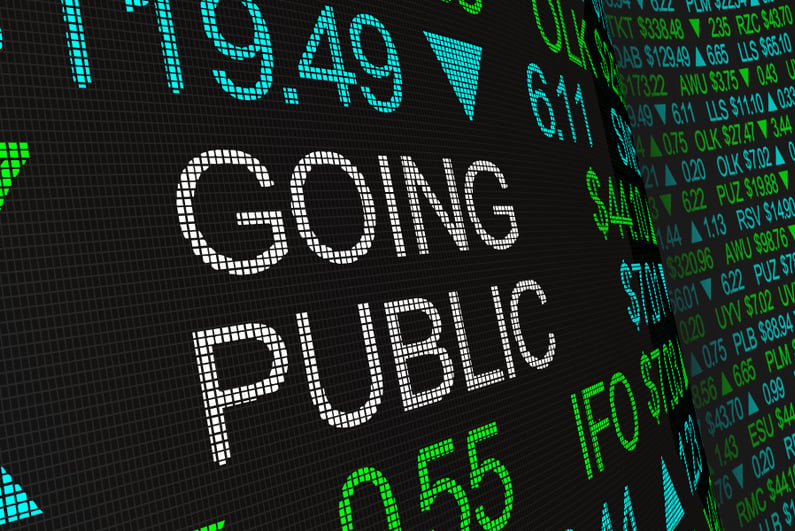 Stock ticker with "GOING PUBLIC" inserted in the middle