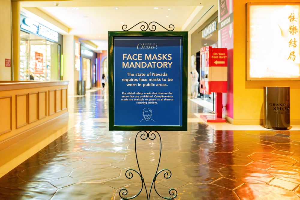 mandatory mask sign inside a Las Vegas casino