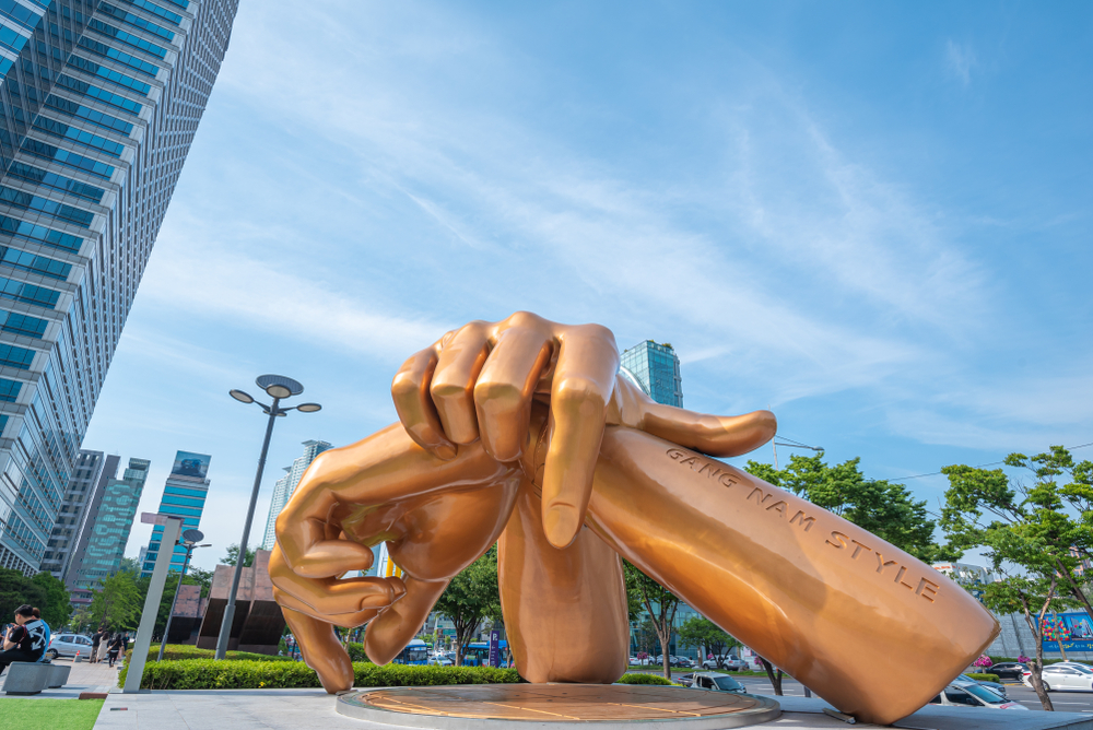 Gold Gangnam style statue in Gangnam district, South Korea